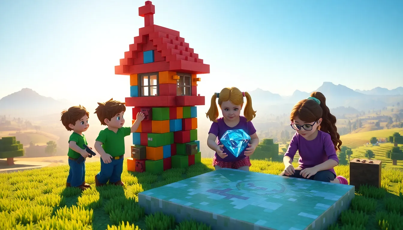 children building a colorful structure in a vibrant Minecraft landscape.