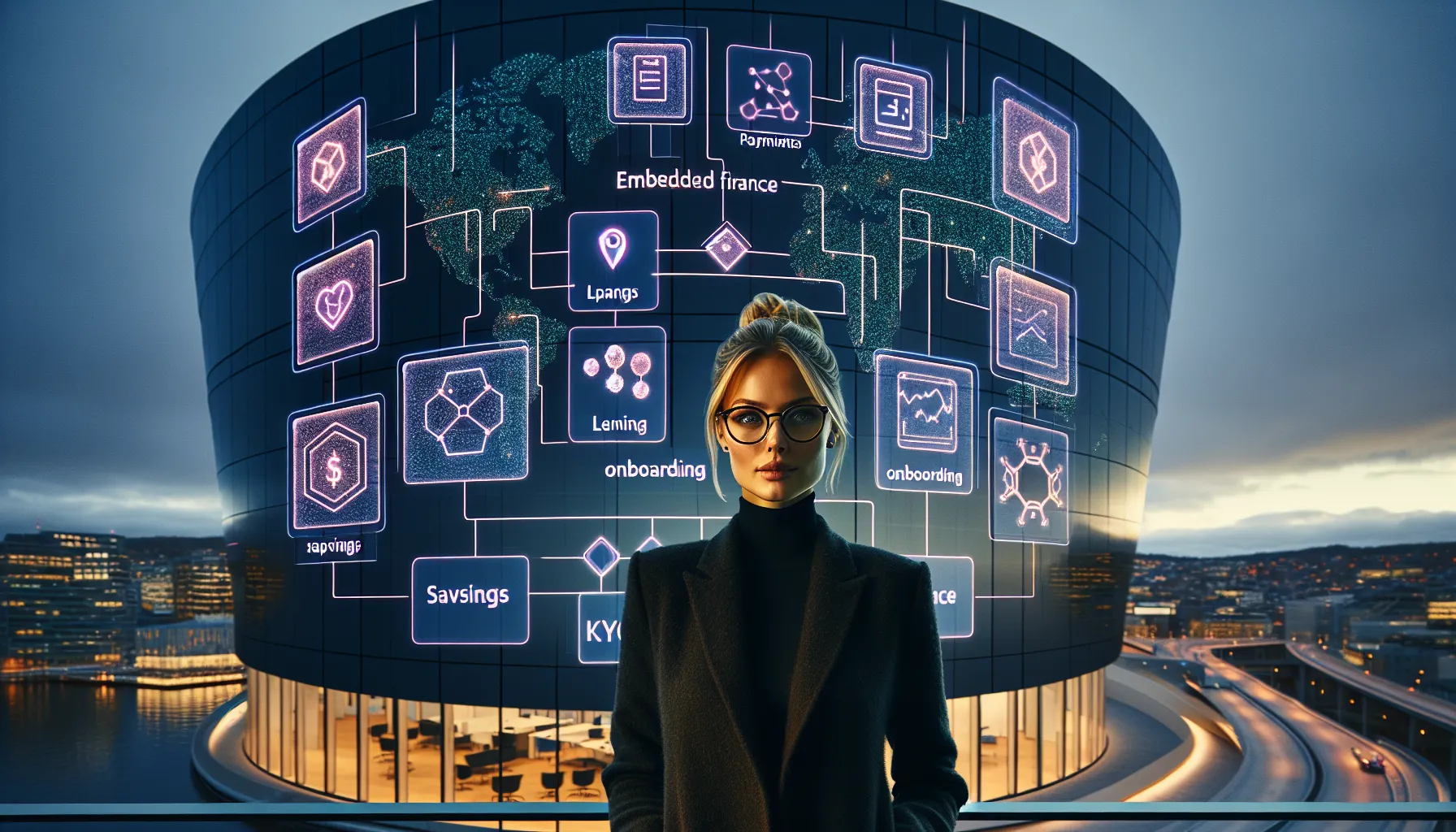 Slik kan fintech drive den neste bølgen av økonomisk innovasjon 2 Norwegian fintech specialist reviews modular embedded finance interfaces on a large office screen.