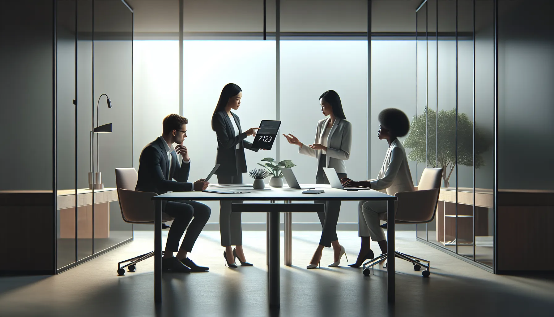 diverse professionals discussing the significance of a number in a modern office.