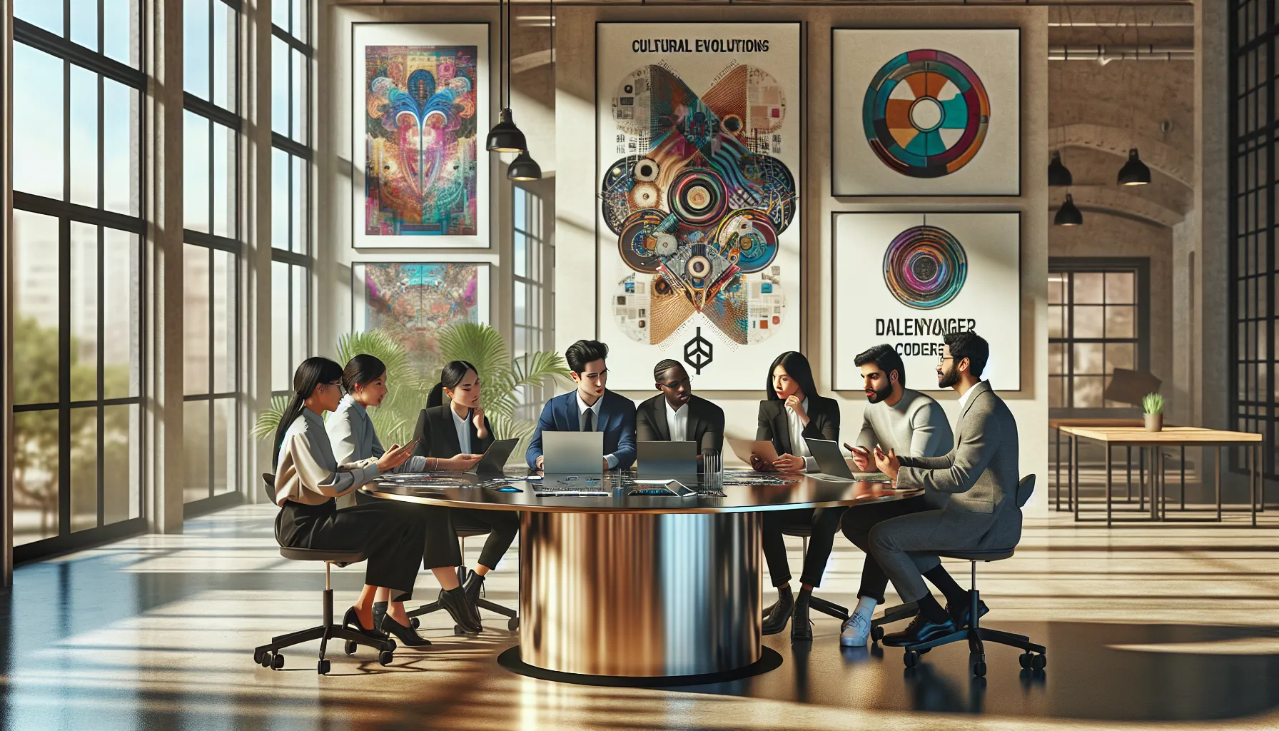 diverse professionals brainstorming in a modern creative workspace.