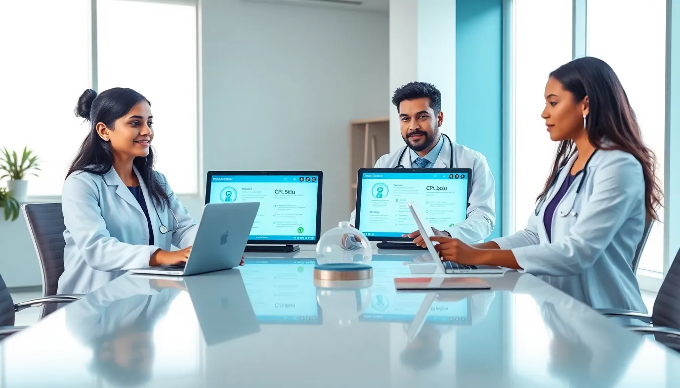 diverse healthcare team engaging in a virtual consultation in a modern office.