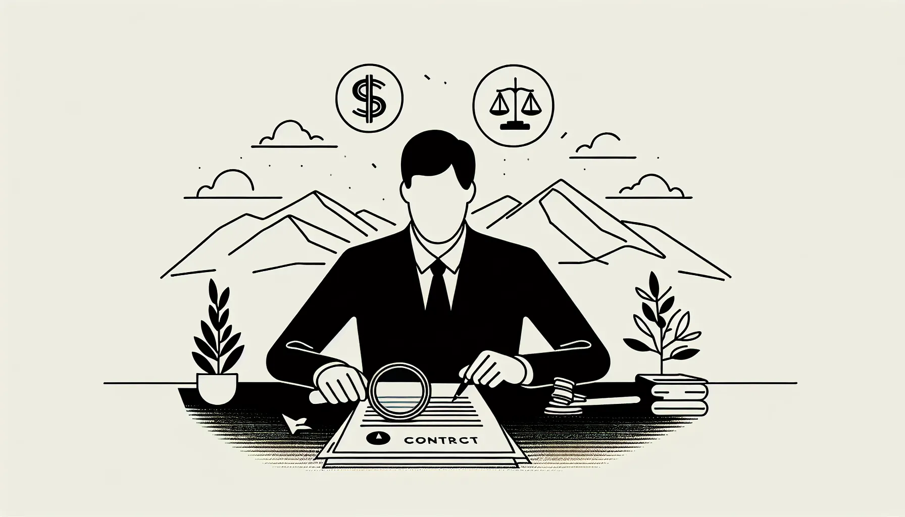 Dentist reviewing contract with magnifying glass and Colorado mountain outline of Colorado Dental Contract Review.