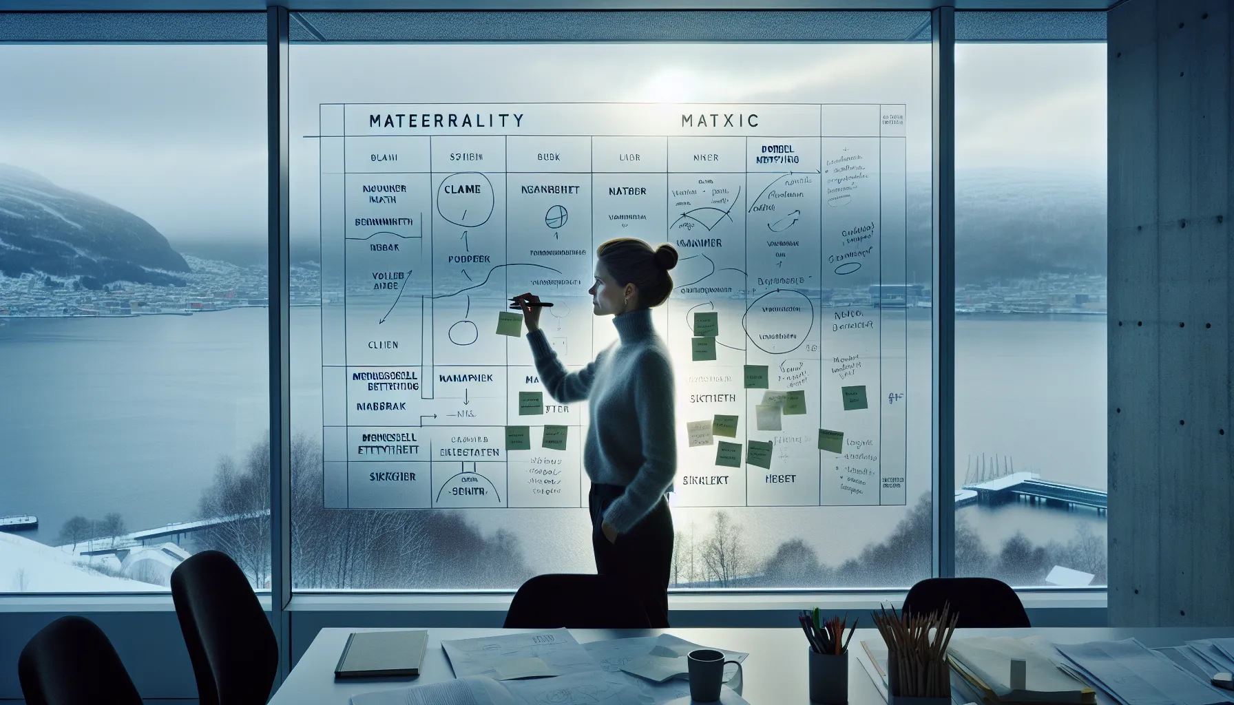 Slik lager du en bærekraftig forretningsmodell 3 Norwegian team reviews a materiality matrix in a sustainability stakeholder workshop.