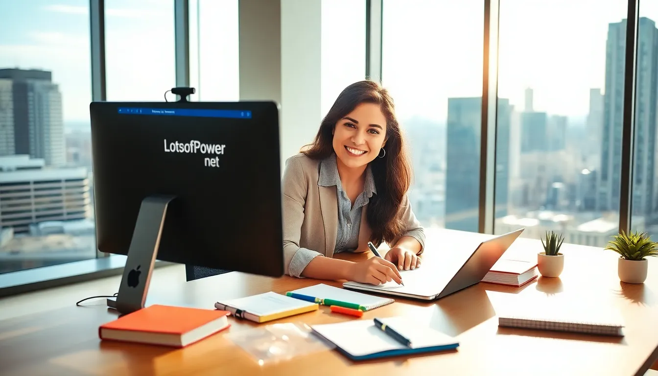 a young woman using the LotsOfPower Net platform in a modern workspace.