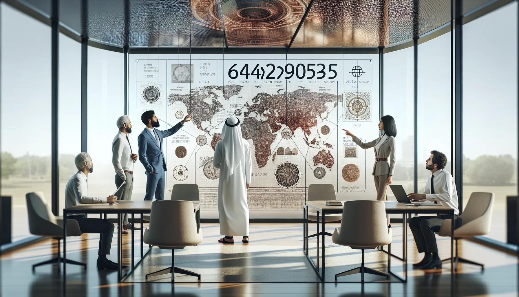 diverse professionals discussing the significance of a number in a modern office.