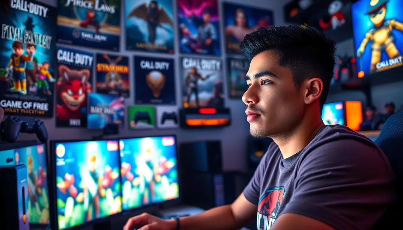 A young gamer focused on a video game in his gaming room.