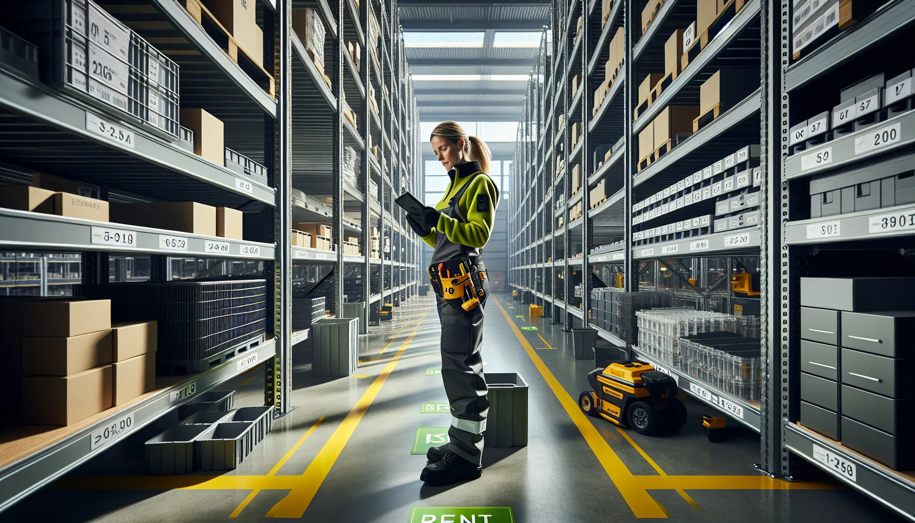 Slik oppbevarer du verktøy og utstyr på en trygg måte 2 Technician scans labeled tool bin in color-zoned, safety-compliant norwegian warehouse.