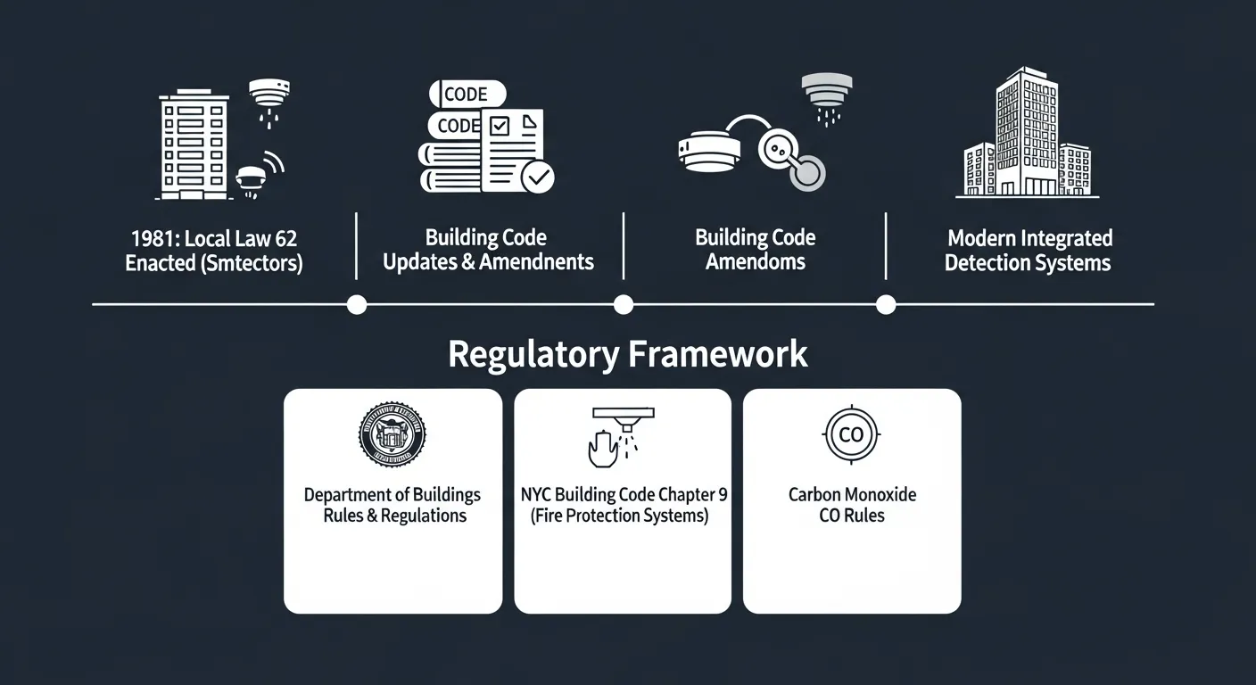 Infographic showing how NYC law evolved to require smoke and carbon monoxide detectors.