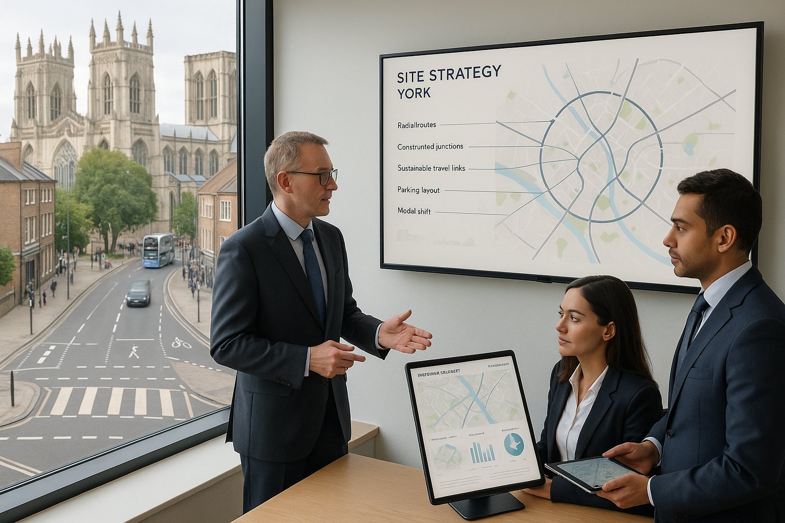 Professionals reviewing transport plans for development in York.
