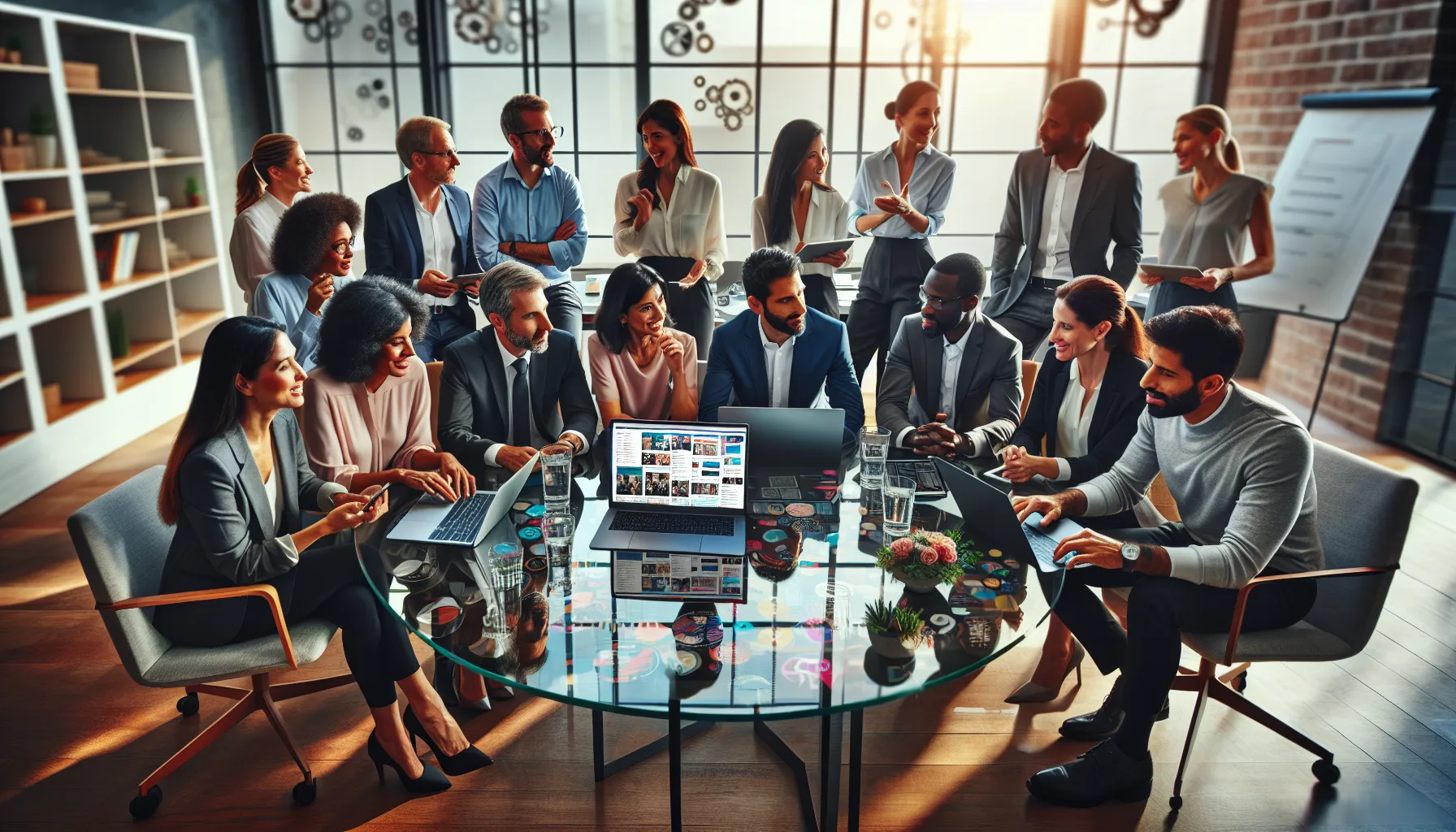 diverse professionals discussing in a bright, modern office.