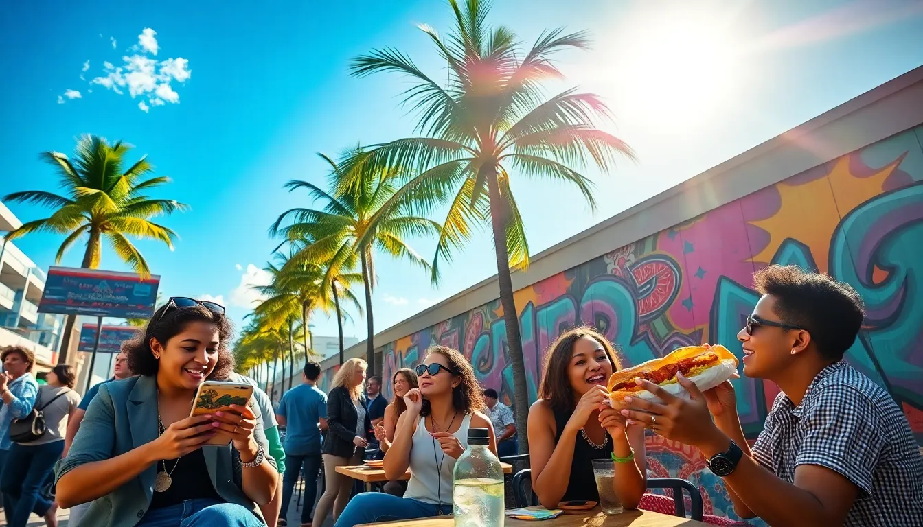 diverse group enjoying food and art in a vibrant Miami street.