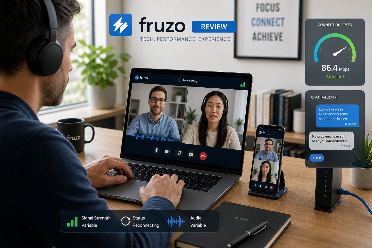 Professional using Fruzo on laptop with headphones, showing stability and speed icons.
