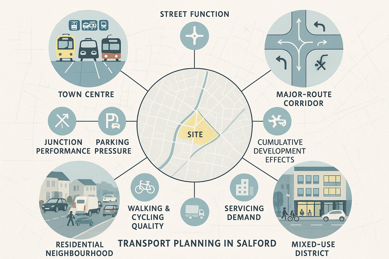 Infographic showing key local factors affecting transport planning in Salford.