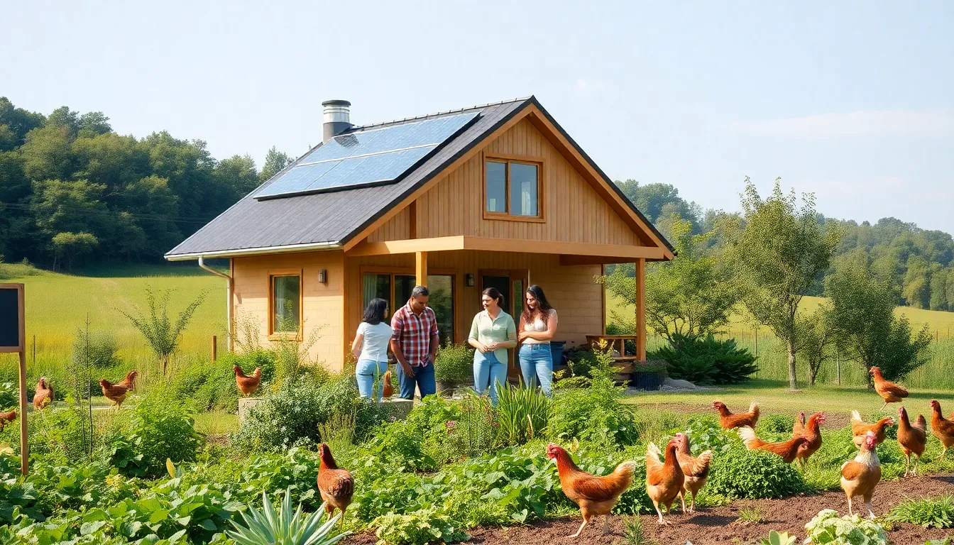 family gardening at a self-sufficient home in a green landscape.