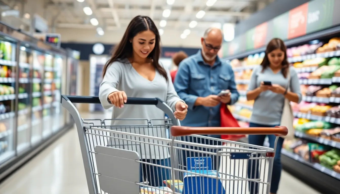 modern shopping cart with touch screen in a grocery store.