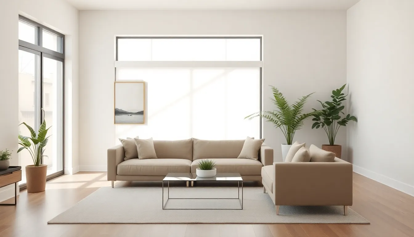 modern minimalist living room with clean lines and natural light.