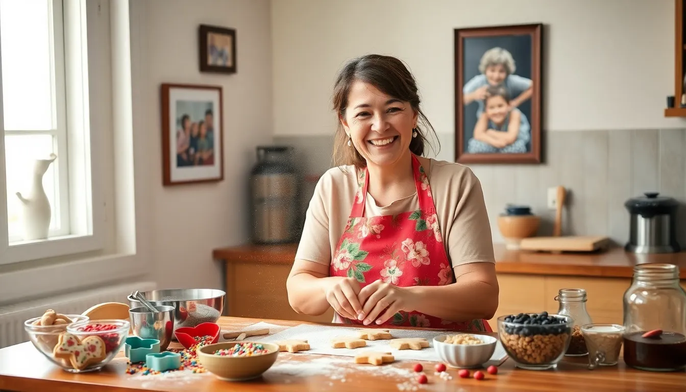 a woman baking cookies in a cozy kitchen, expressing love through cooking.