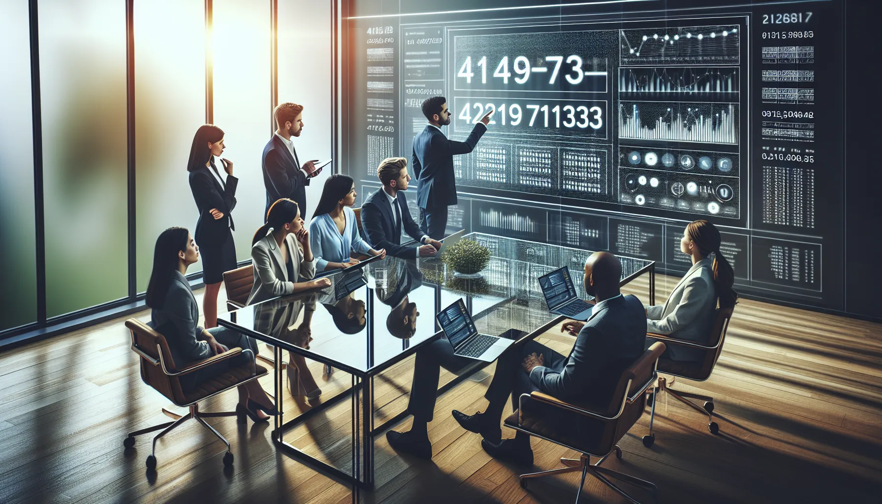 diverse team collaborating in a modern office with tech tools.