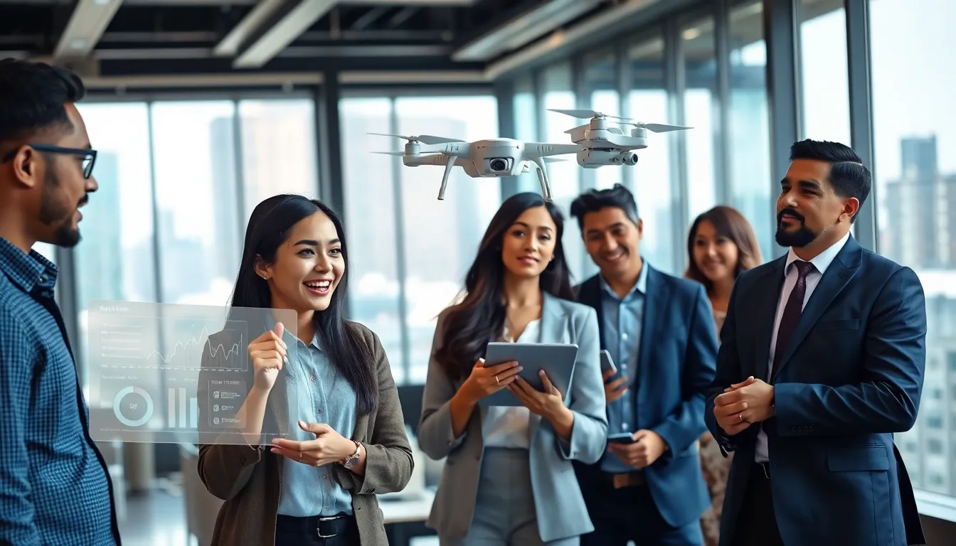 professionals collaborating on emerging technology in a modern office.