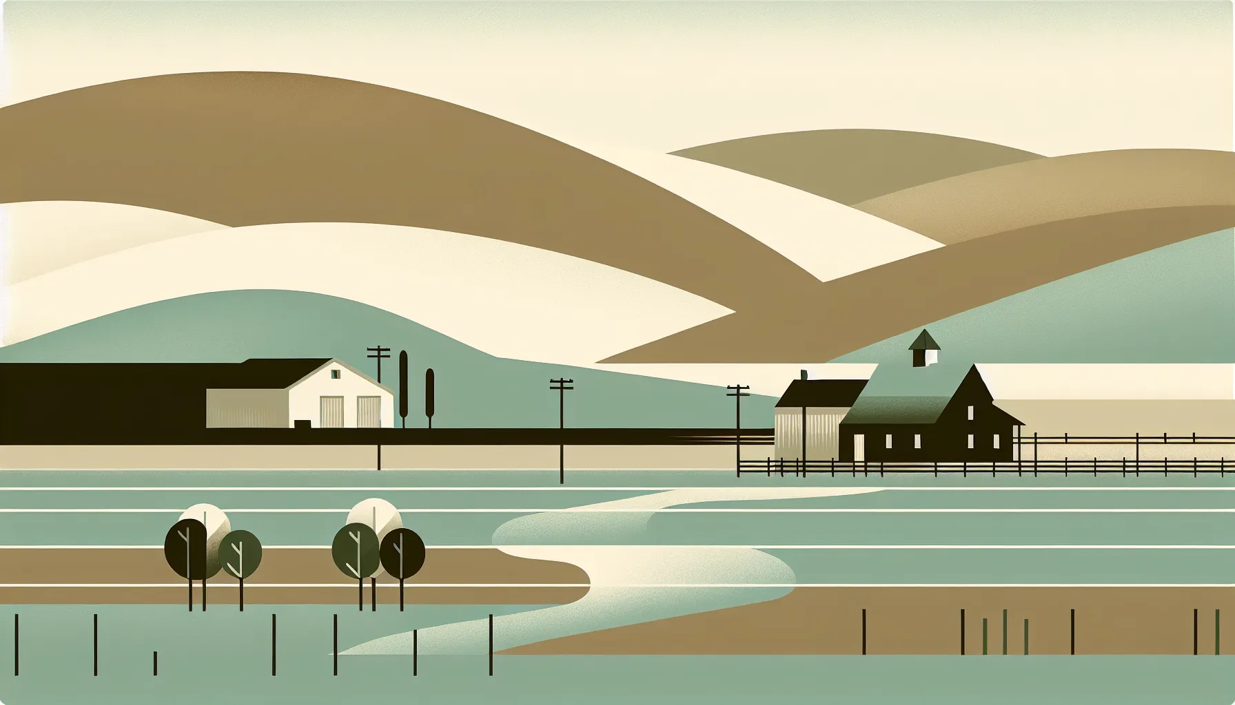 Simple ranch buildings and rolling hills representing 1930s rural California setting