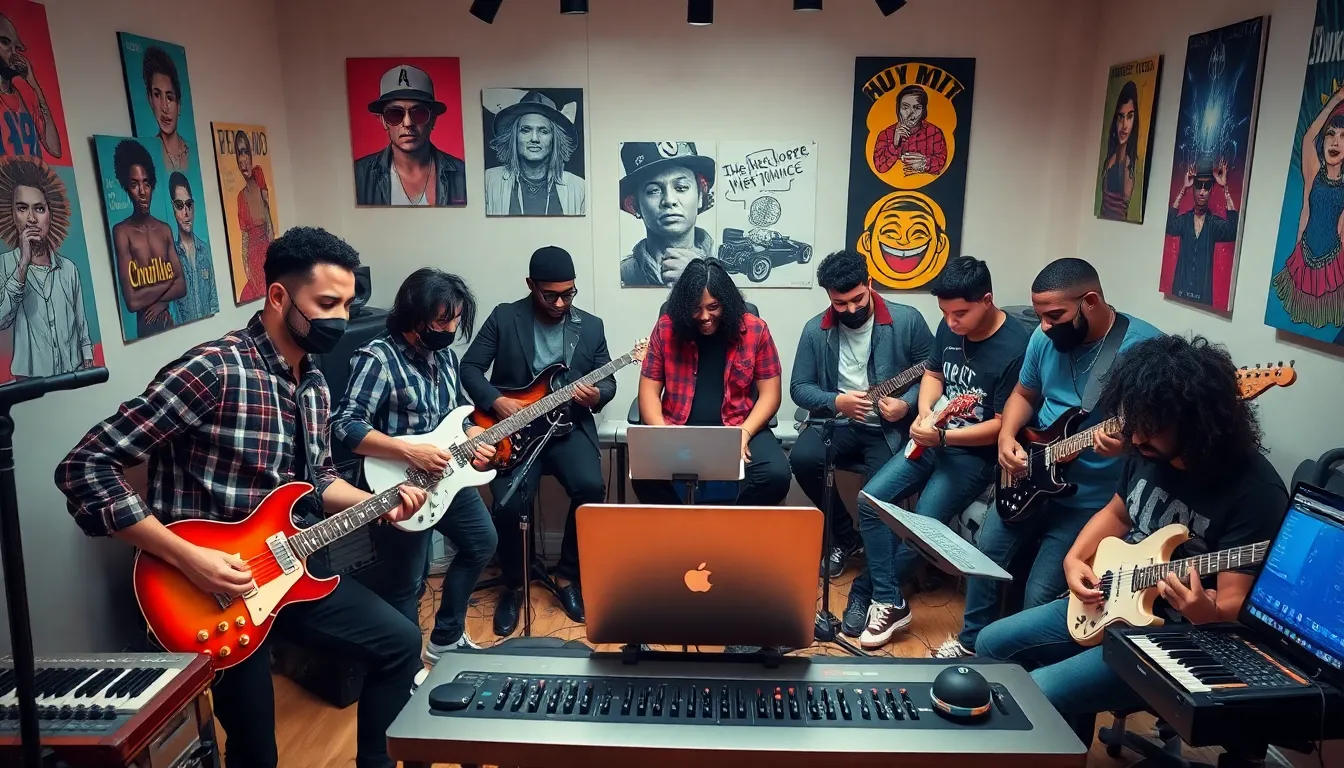 diverse group of musicians collaborating in a modern studio.