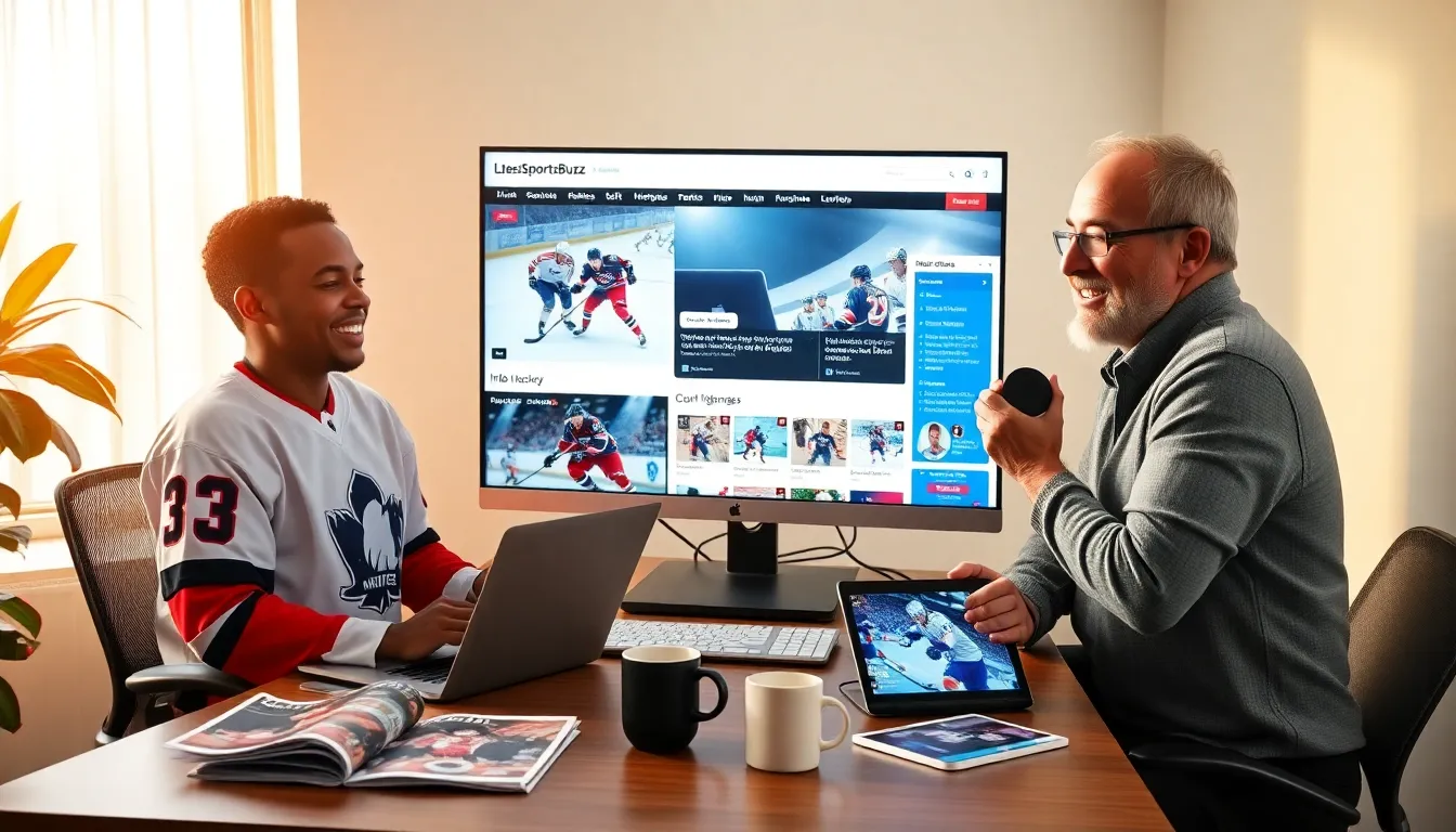 enthusiastic fans discussing hockey news at a computer desk.