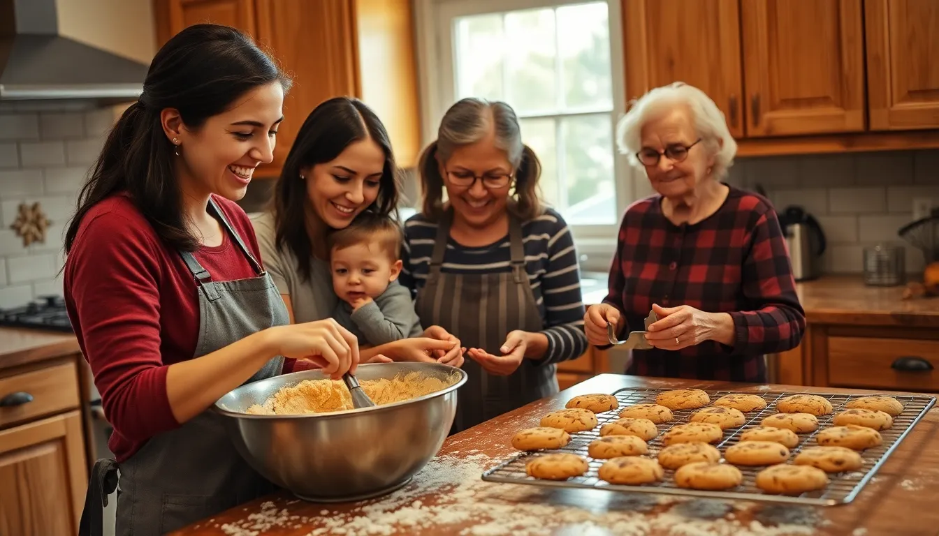 family baking cookies in a warm, inviting kitchen.