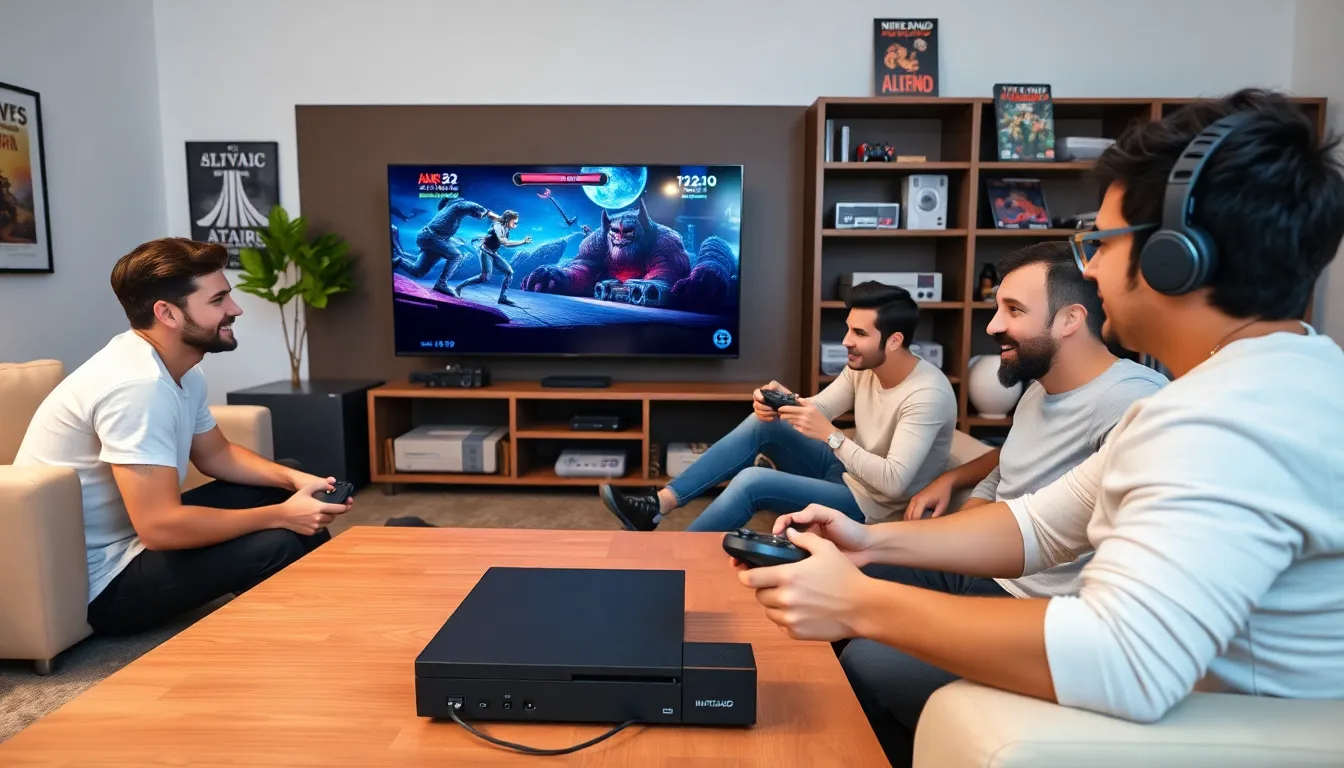 diverse gamers enjoying a modern gaming setup with classic consoles visible.