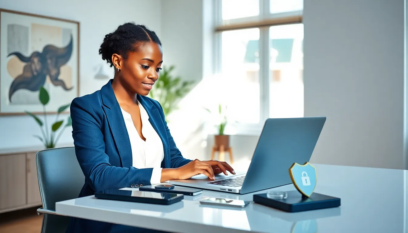A young woman at a modern desk, emphasizing digital privacy and security.