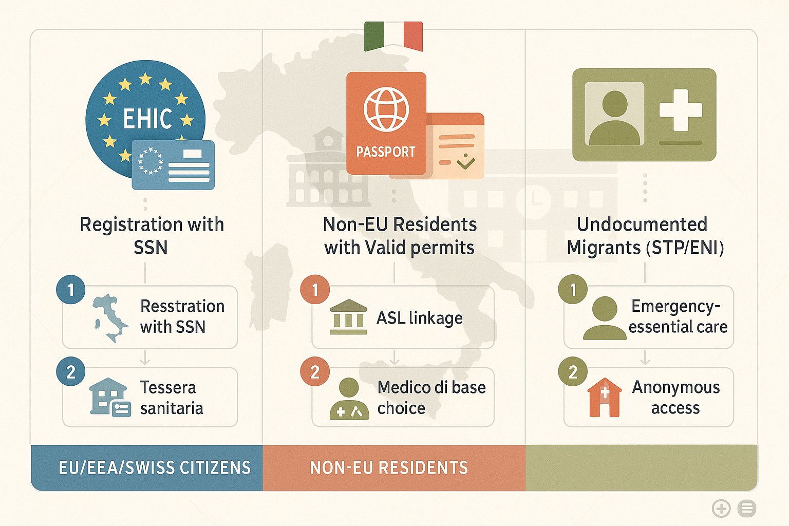 Diagramma che mostra le categorie di accesso all'assistenza sanitaria per stranieri in Italia.