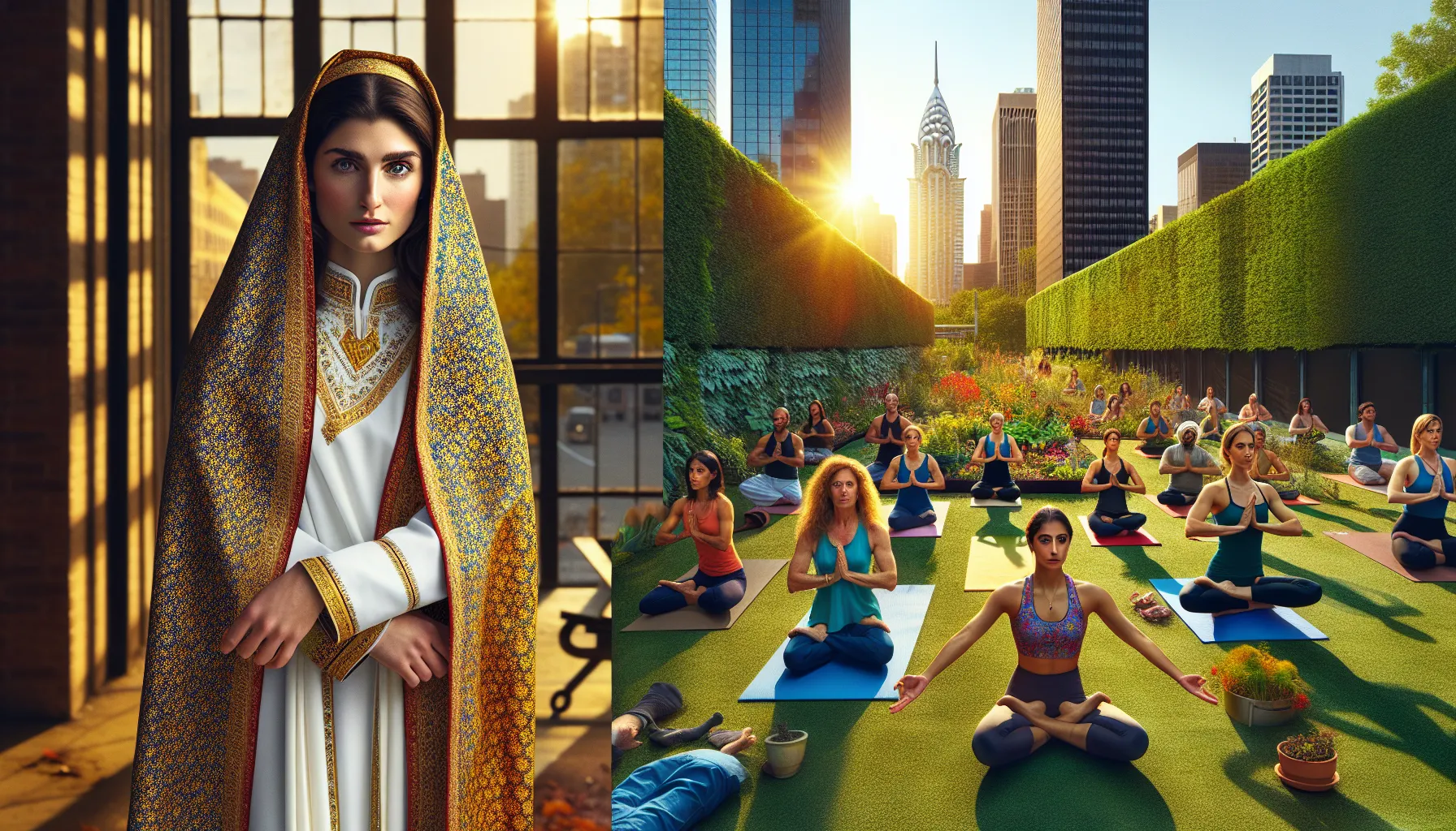 a Zoroastrian woman in traditional attire standing by a community garden with Hindu practitioners in yoga.