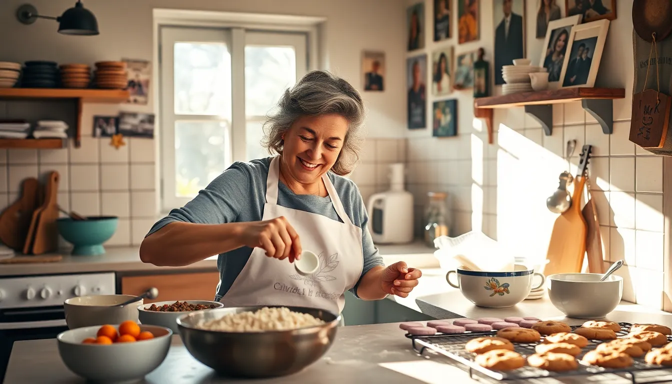 a baker creating cookies in a warm, inviting kitchen.