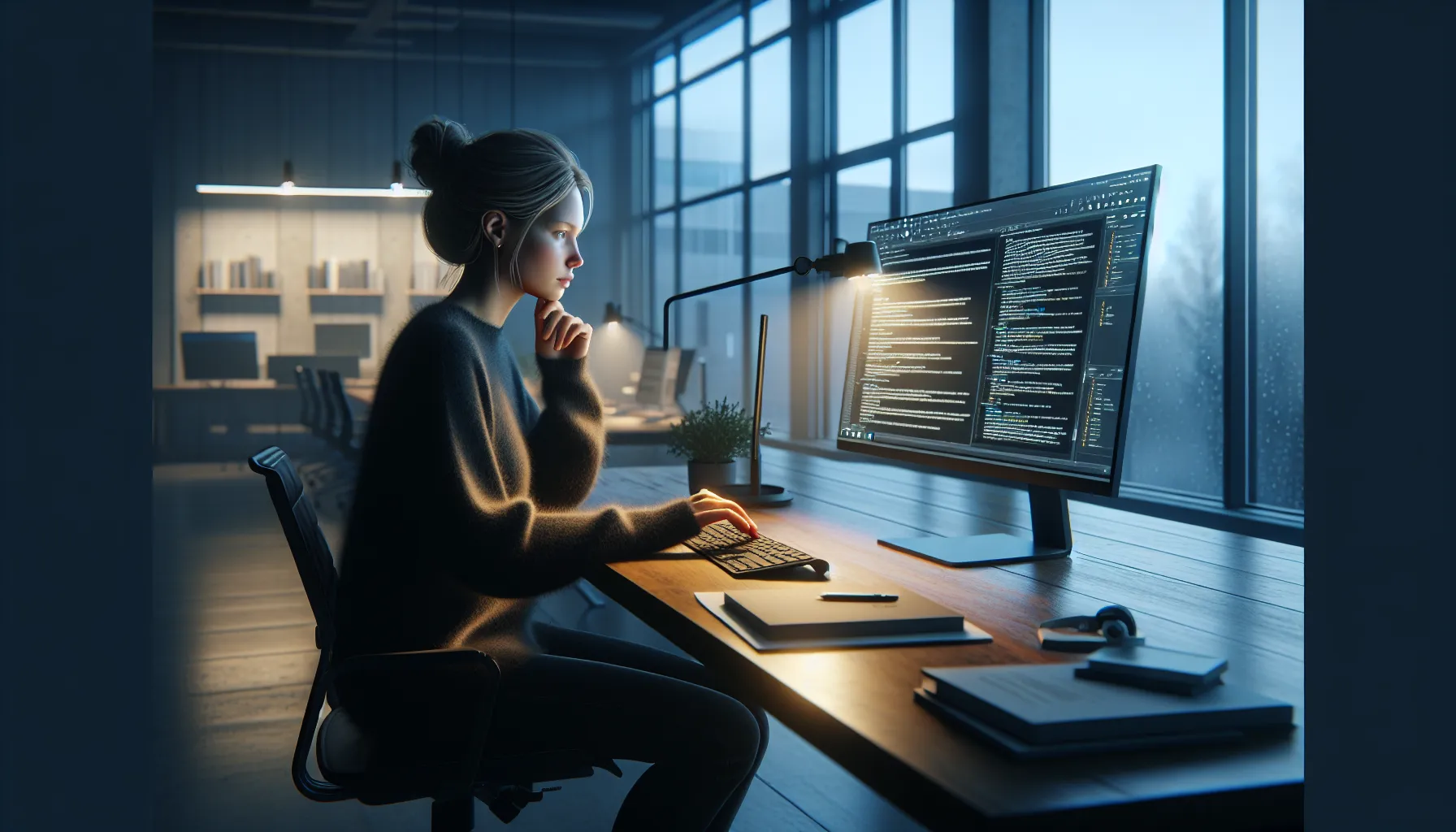 Norwegian content creator using ai tool while studying copyright law at home office.