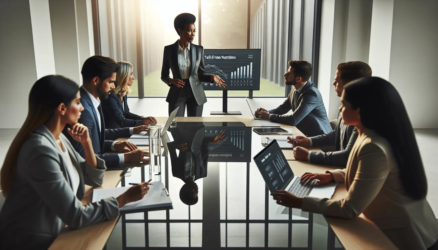 diverse team discussing toll-free numbers in a modern office