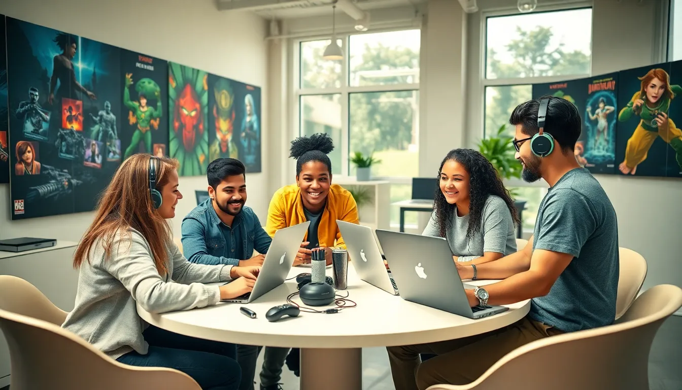 diverse gamers collaborating in a modern workspace.
