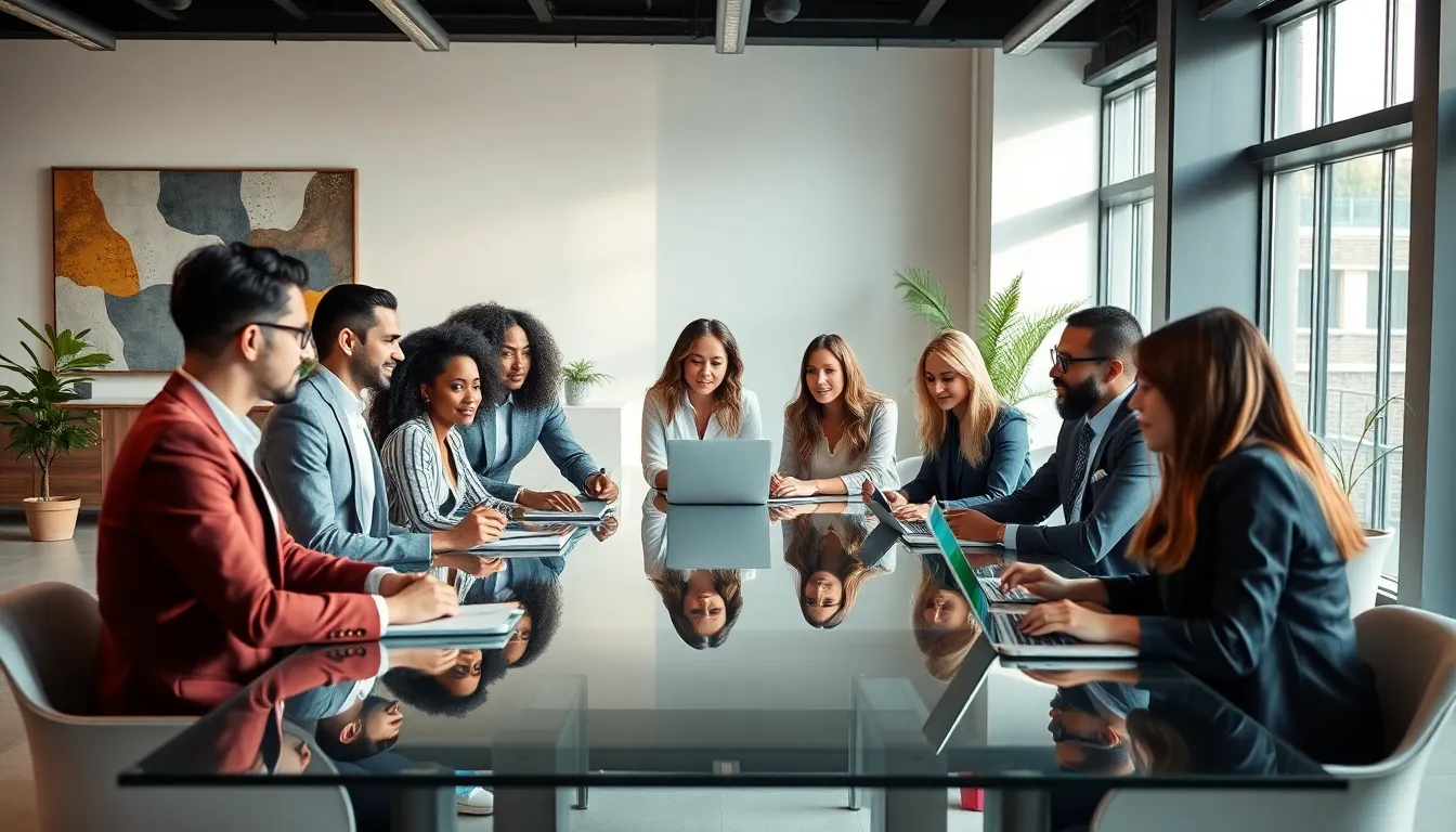 diverse team discussing tnyjlsv in a modern office.