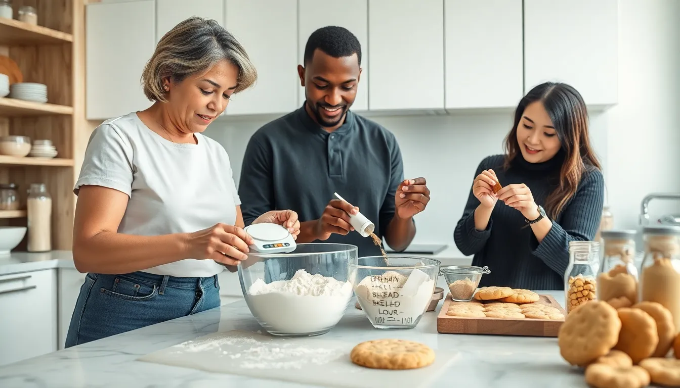 diverse group baking bread cookies in a modern kitchen.