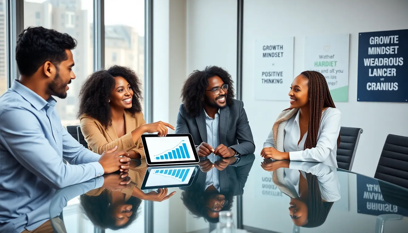 diverse professionals discussing growth mindset in a modern office.