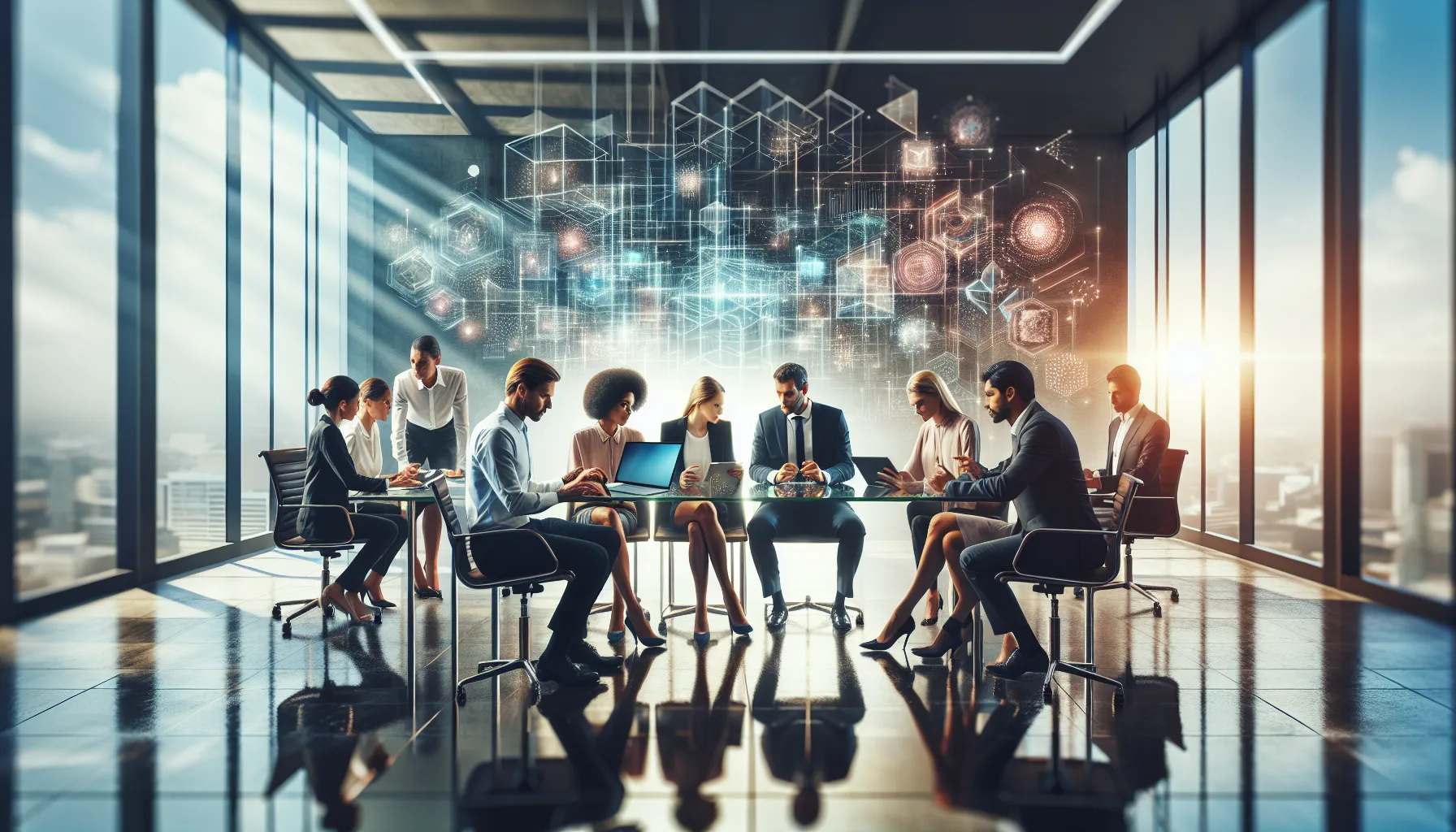 diverse professionals collaborating with technology in a modern office.