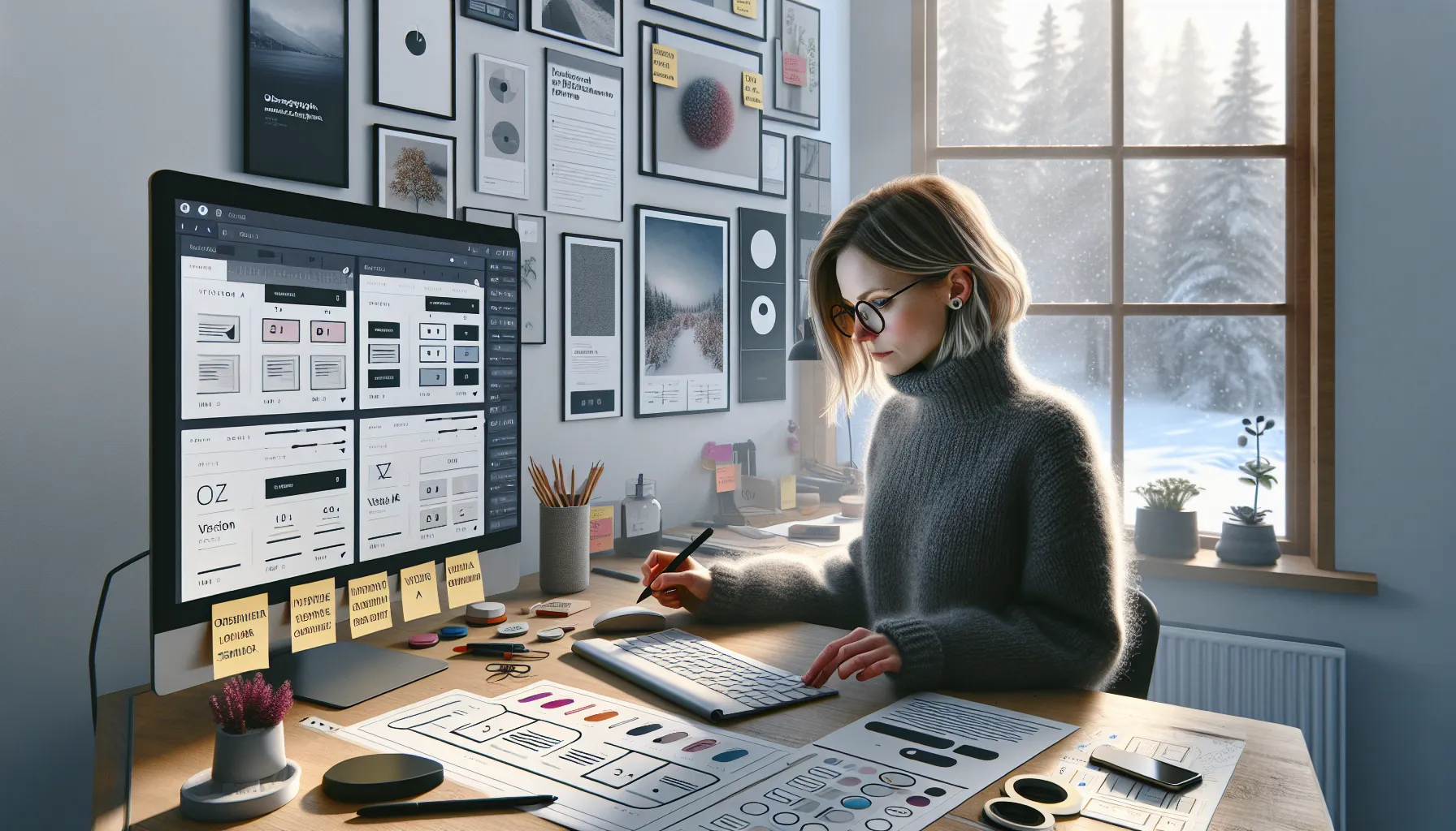 Norwegian designer compares a/b layout prototypes while viewing analytics in a studio.