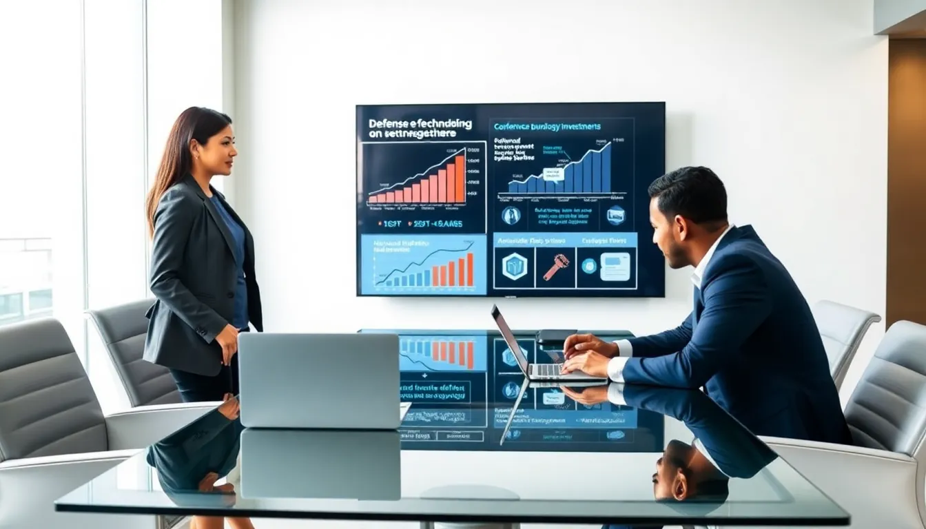 diverse team discussing defense technology investments in a modern office.