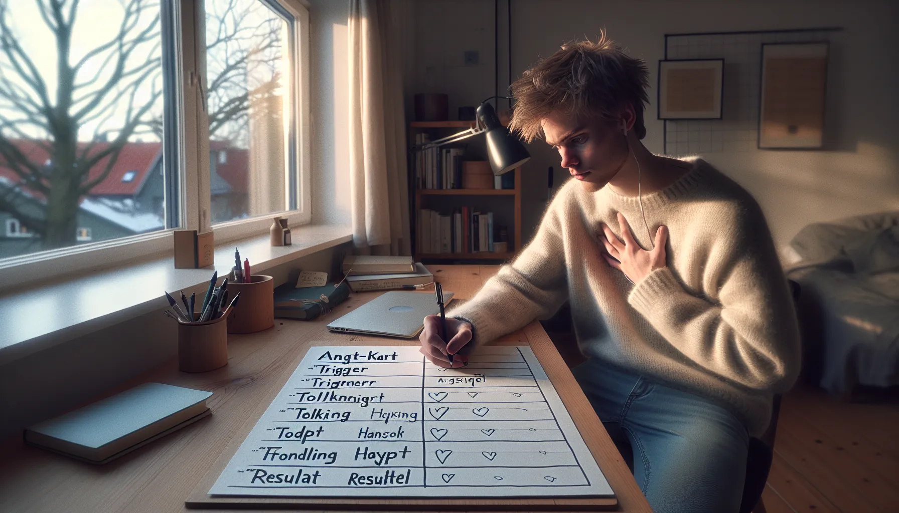 Student in norway writes an anxiety map while studying for exams.