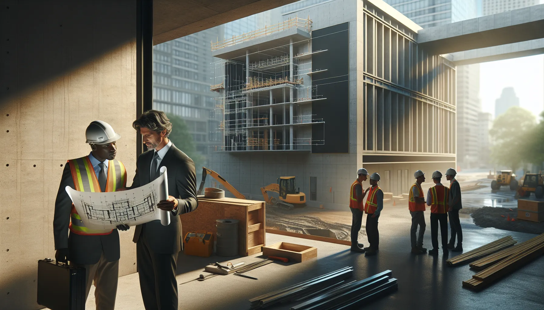 construction team reviewing plans at a site using high-quality cement.