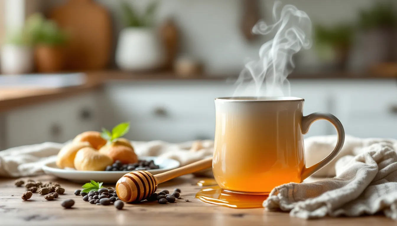 Steaming herbal tea with honey, ginger, and spices on a wooden table.