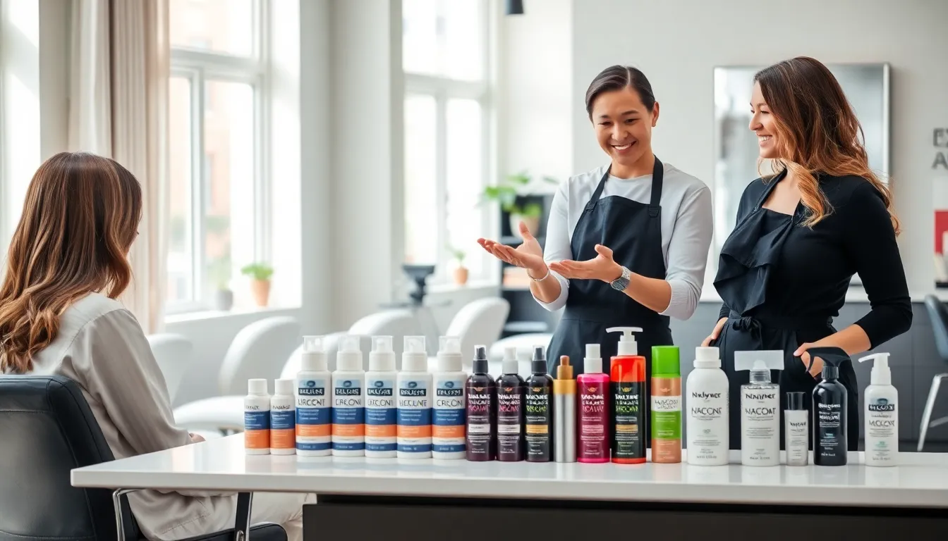 professional hairstylist consulting client about hair dyeing options.