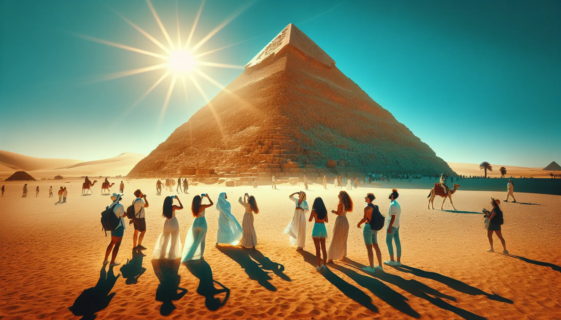 tourists observing the Great Pyramid of Khufu in the desert.