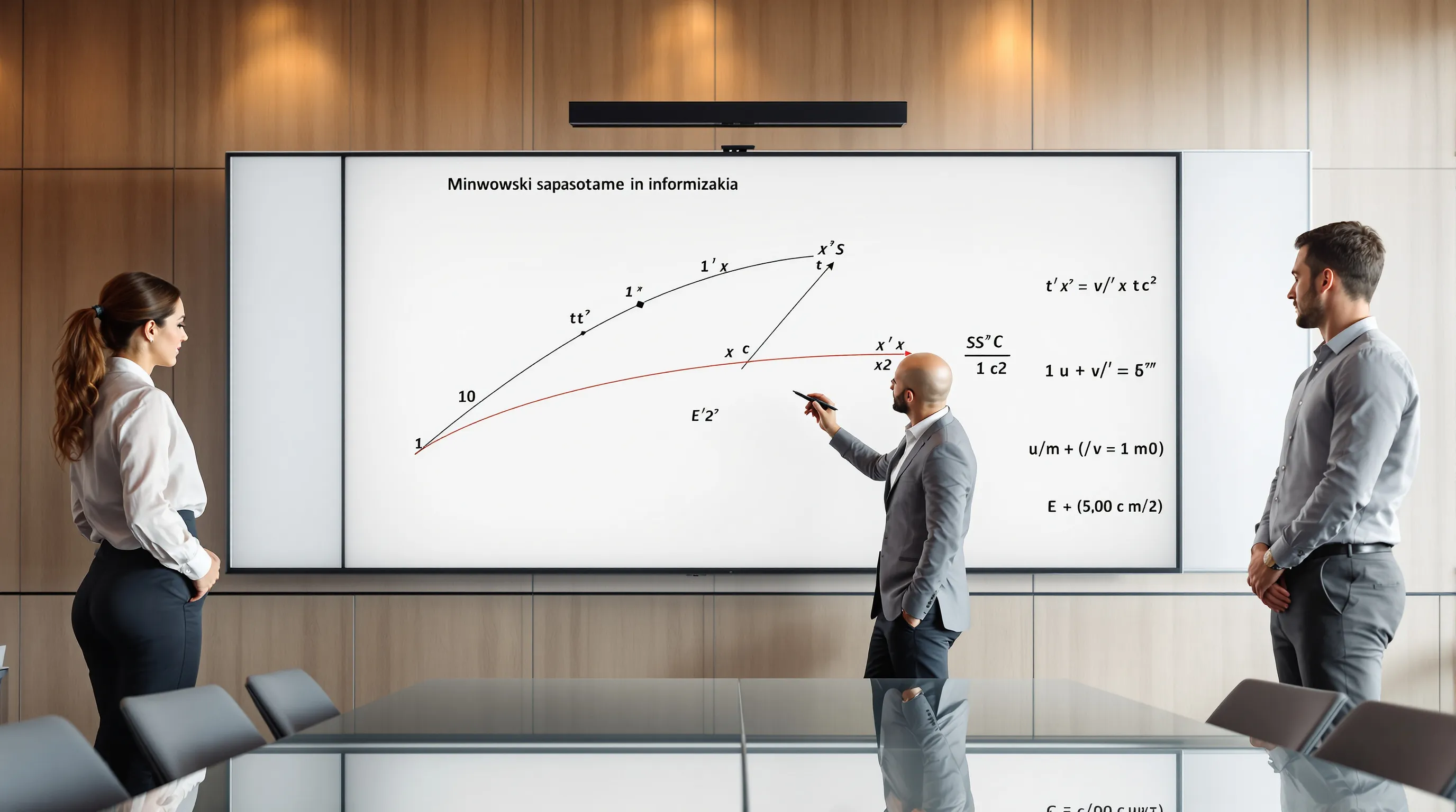 Physicists reviewing special relativity equations and spacetime diagram in Croatian.