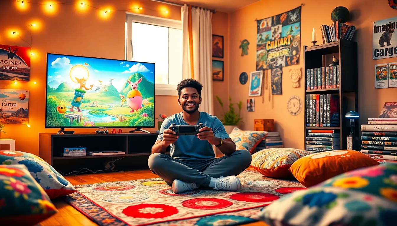 a young gamer enjoying a PlayStation game in a colorful room.