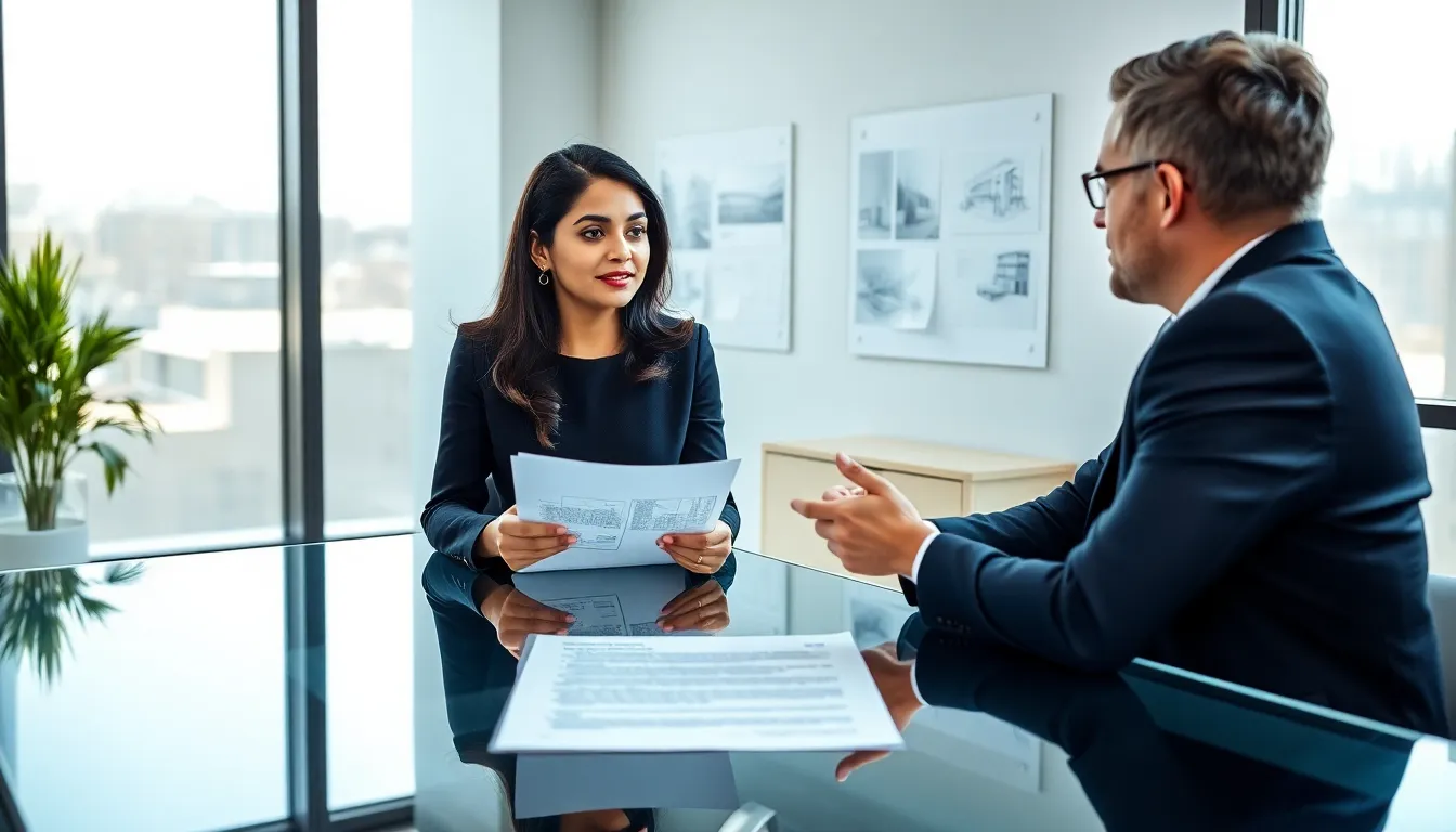 interior designer and client discussing a contract in a modern office.