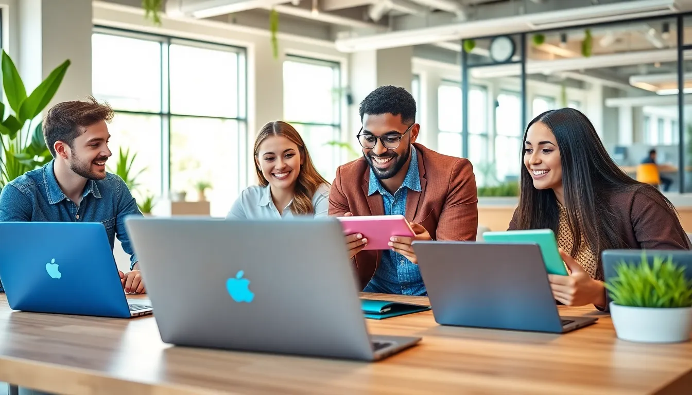 diverse group of professionals collaborating in a bright office.